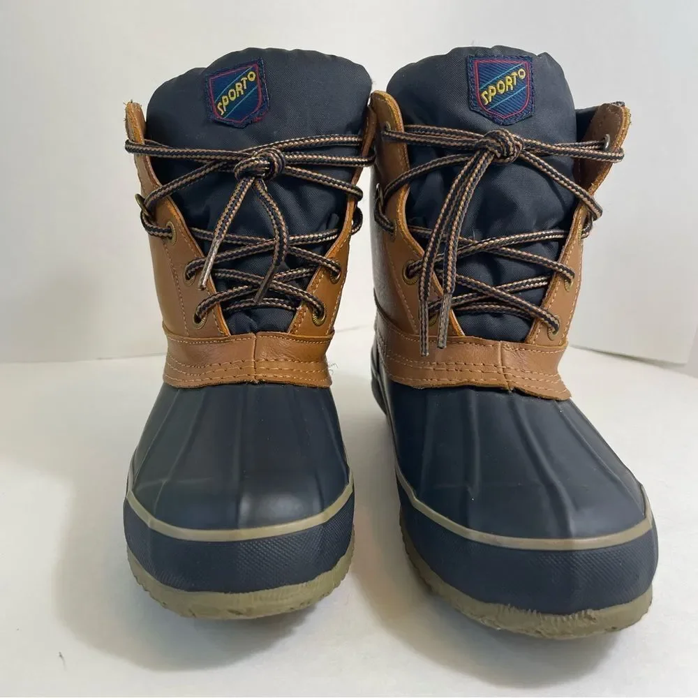 Sporto Duck Boots Thermolite Navy Tan Leather Lace Up Insulated‎ Lining